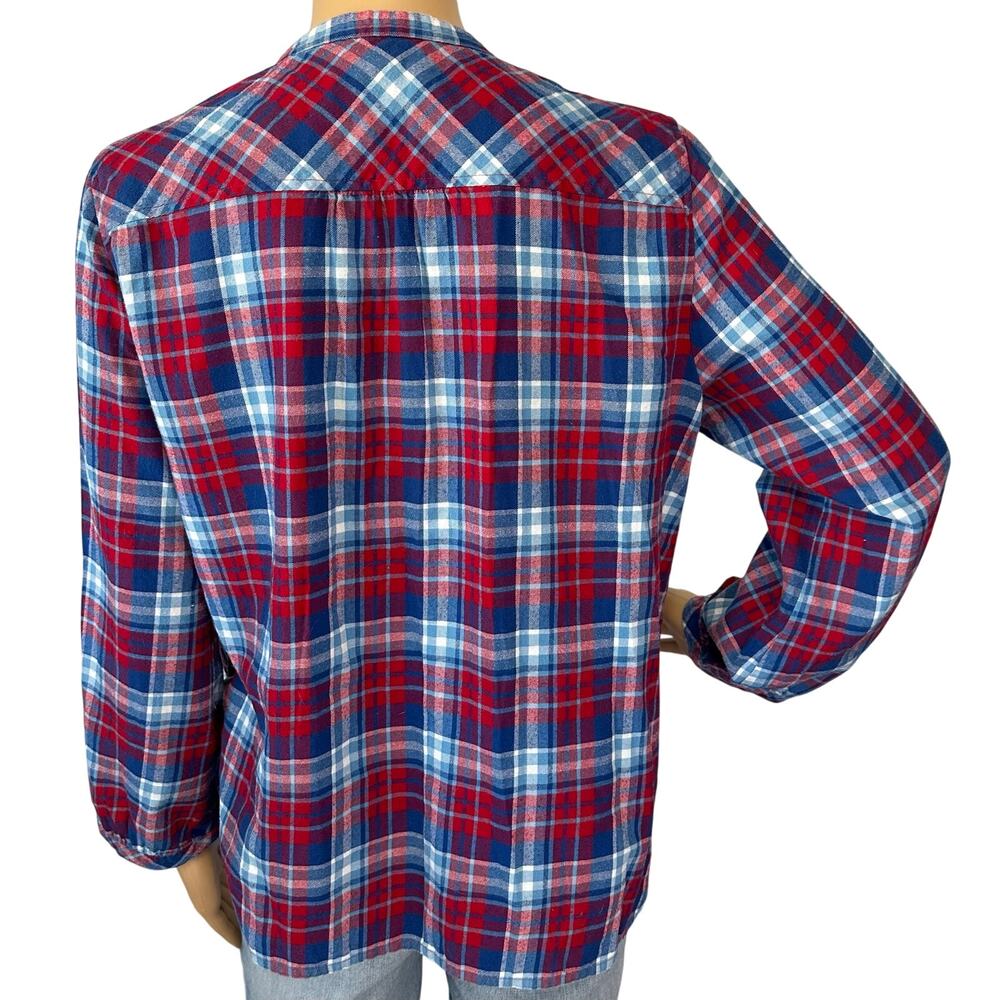 J. Crew Mercantile Ruffle Flannel Shirt Blue Red Plaid J6456 Size M - Picture 5 of 11